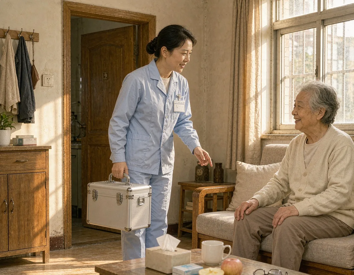 居家护理人员佩戴胸卡、提着出诊箱与老人交谈