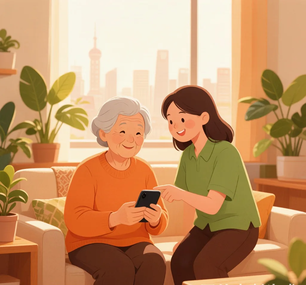 家人帮助老人使用智能手机申请补贴
