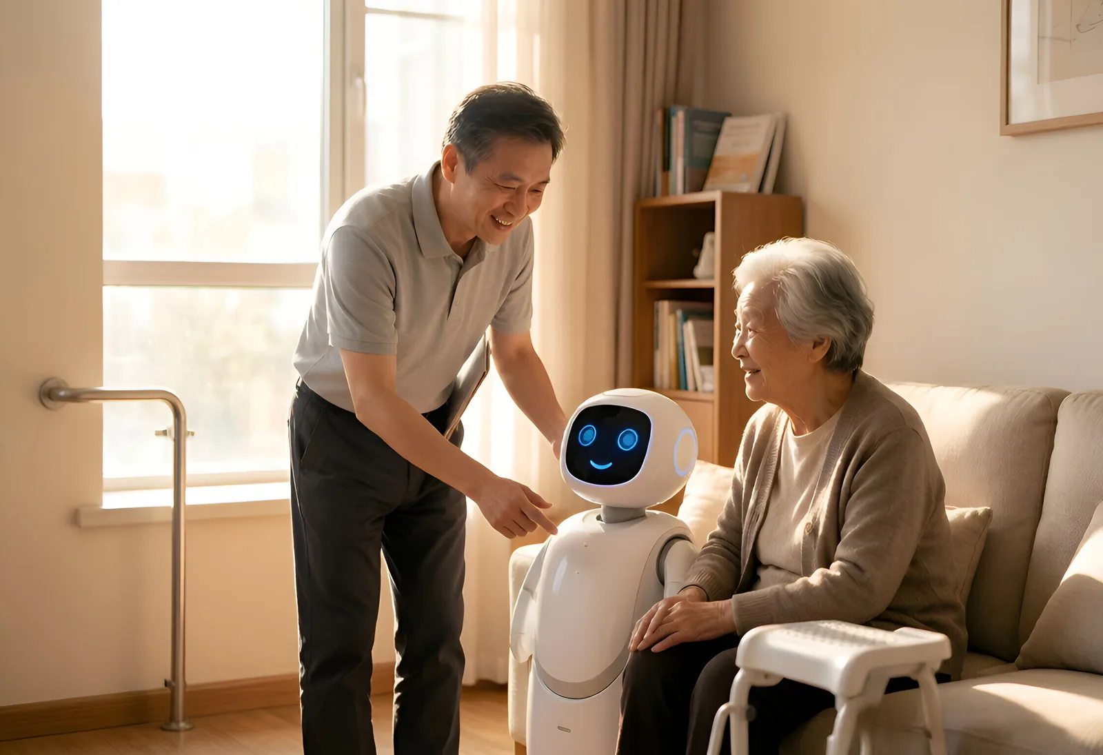 老人在家人陪伴下试用外骨骼与助行器